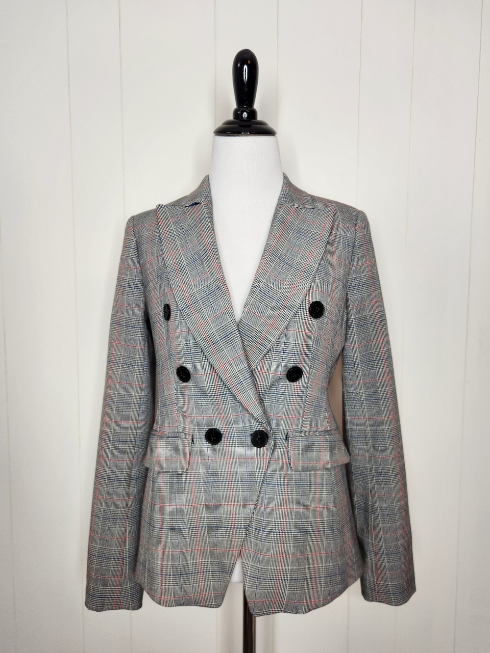 Banana Republic Black Houndstooth Plaid Double Breasted Six Button Blazer Blazer